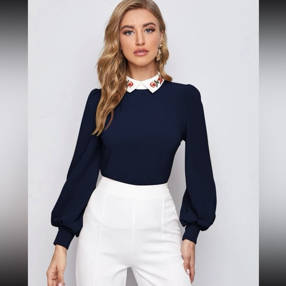 Navy Blue Blouse with White Collar Detail - Picture 3 of 3